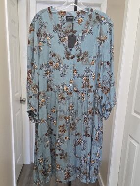 Nwt Gozzip Plus Size Light Blue Floral Midi Swing Dress with Brown Accents